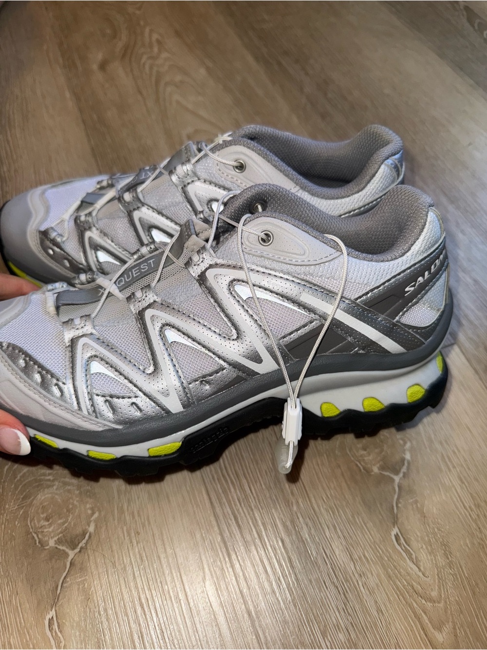 Salomon Women's Silver and Gray Trail Running Shoes with Neon Accents